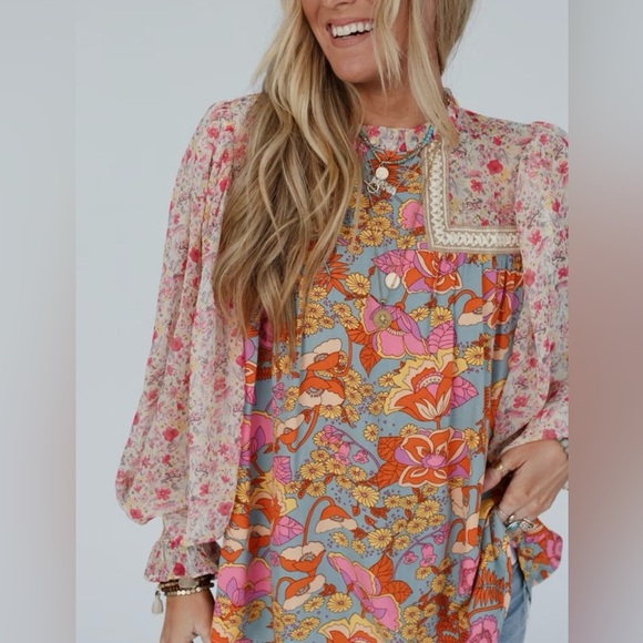 JODIFL Flower Frenzy Bubble Sleeve Top Multicolor Floral Bohemian Blouse Size M - Picture 2 of 8